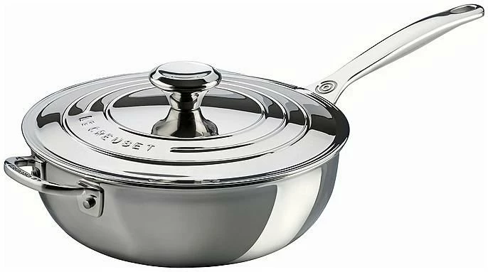 Le Creuset 3.5 Qt. Tri-Ply Stainless Steel Saucier Pan With Lid & Helper Handle 1 Le Creuset 3.5 Qt. Tri-Ply Stainless Steel Saucier Pan With Lid & Helper Handle