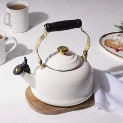 Le Creuset 1.7 Qt. Whistling Kettle | Noel (White & Gold) -Stovetop Tea Kettles Shop rs17645 22 lca q4 noelkettle horiz ret
