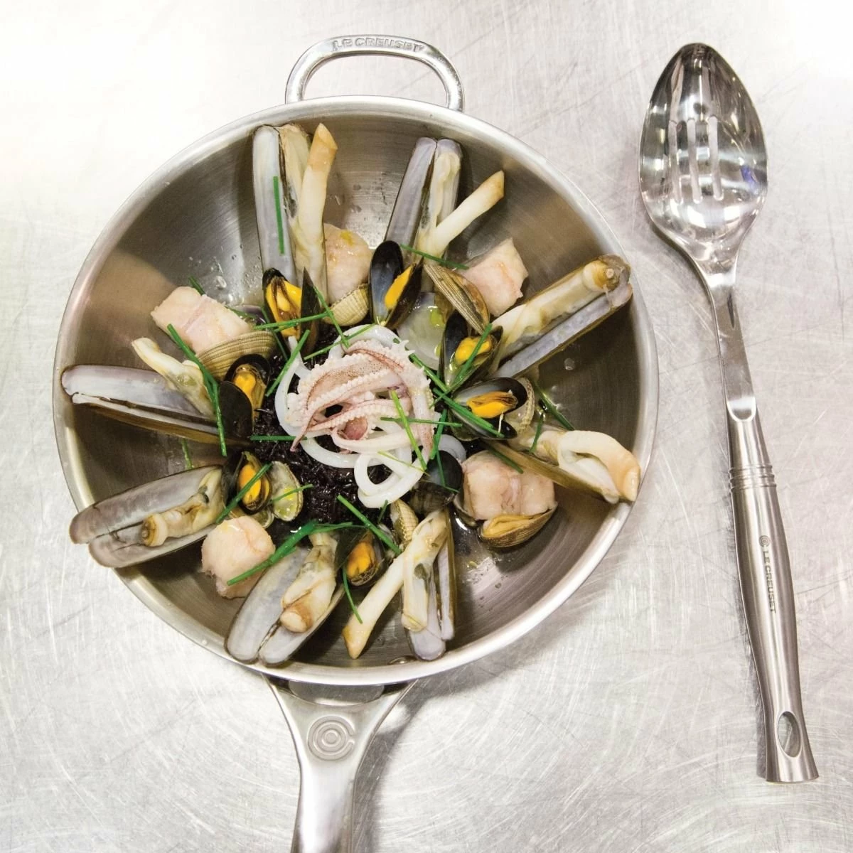 Le Creuset 3.5 Qt. Tri-Ply Stainless Steel Saucier Pan With Lid & Helper Handle 3 Le Creuset 3.5 Qt. Tri-Ply Stainless Steel Saucier Pan With Lid & Helper Handle - Image 3